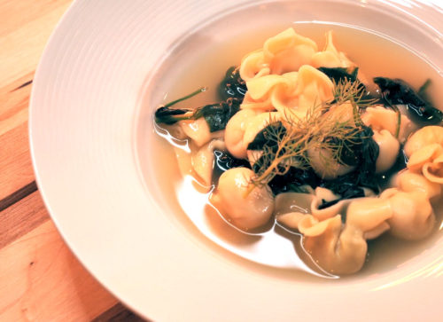 Chicken Saccottini in Brodo with Baby Spinach and Dill