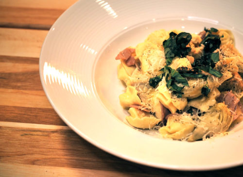 Cheese Tortellini with Ham, Artichokes and Basil